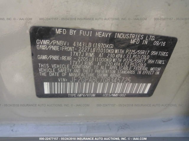 JF2GPABC7G8345725 - 2016 SUBARU CROSSTREK PREMIUM თაფლისფერი ფოტო 9