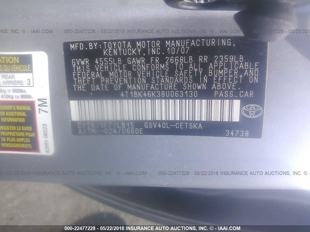 4T1BK46K38U063130 - 2008 TOYOTA CAMRY LE/XLE/SE ვერცხლისფერი ფოტო 9