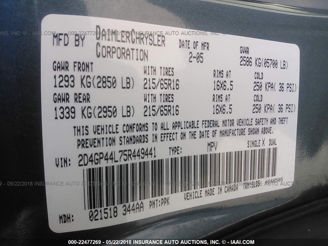 2D4GP44L75R449441 - 2005 DODGE GRAND CARAVAN SXT BLUE photo 9