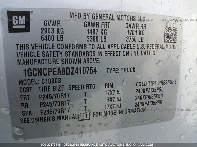 1GCNCPEA8DZ410764 - 2013 CHEVROLET SILVERADO C1500 银色 照片 9