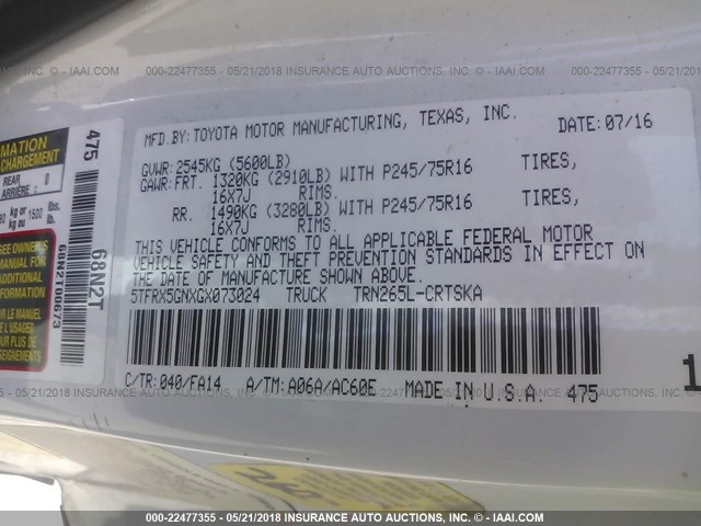 5TFRX5GNXGX073024 - 2016 TOYOTA TACOMA ACCESS CAB/SR/SR5 白色 照片 9