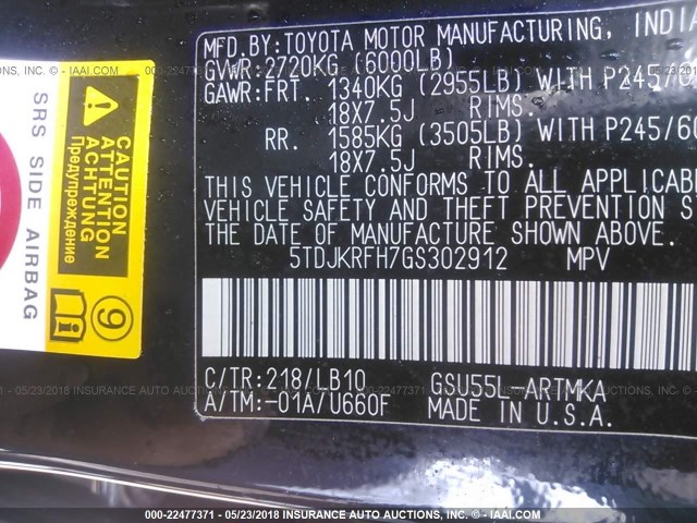 5TDJKRFH7GS302912 - 2016 TOYOTA HIGHLANDER XLE შავი ფოტო 9