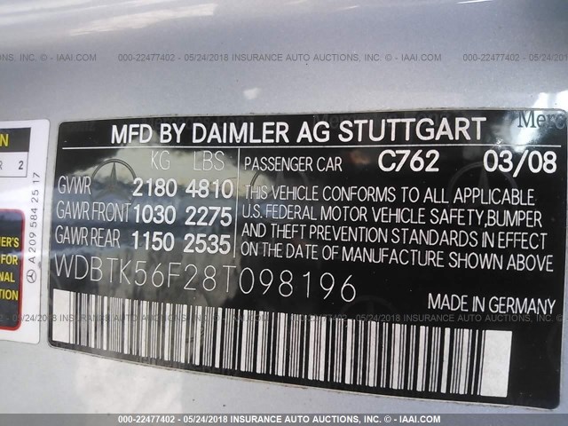 WDBTK56F28T098196 - 2008 MERCEDES-BENZ CLK 350 SILVER photo 9