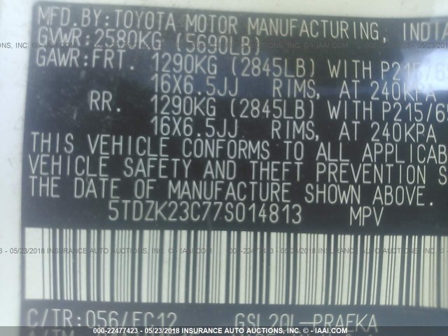 5TDZK23C77S014813 - 2007 TOYOTA SIENNA CE/LE WHITE photo 9