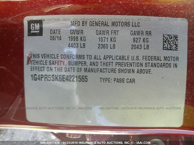 1G4PR5SK6E4221565 - 2014 BUICK VERANO CONVENIENCE RED photo 9