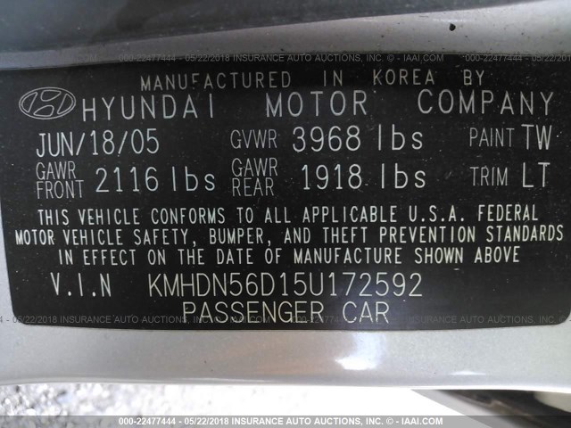 KMHDN56D15U172592 - 2005 HYUNDAI ELANTRA GLS/GT SILVER photo 9