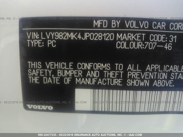 LVY982MK4JP028120 - 2018 VOLVO S90 T5/MOMENTUM WHITE photo 9
