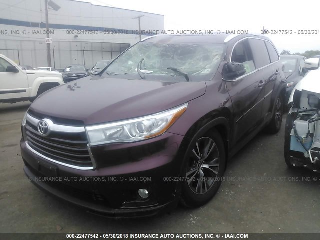 5TDJKRFH0GS256212 - 2016 TOYOTA HIGHLANDER XLE ბურგუნდია ფოტო 2
