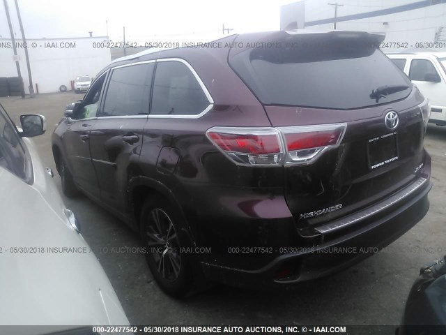 5TDJKRFH0GS256212 - 2016 TOYOTA HIGHLANDER XLE ბურგუნდია ფოტო 3