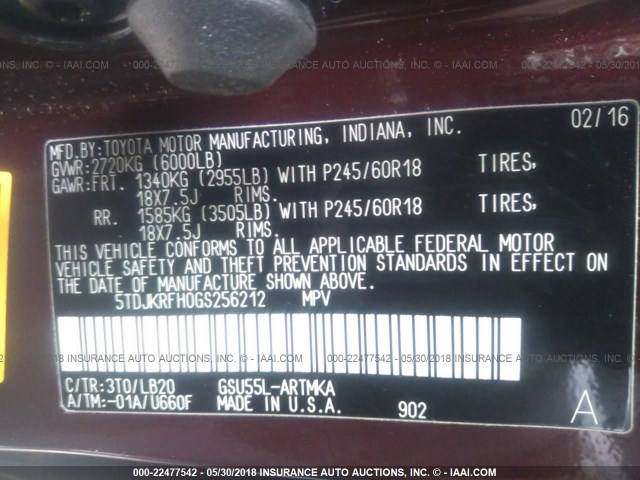 5TDJKRFH0GS256212 - 2016 TOYOTA HIGHLANDER XLE ბურგუნდია ფოტო 9