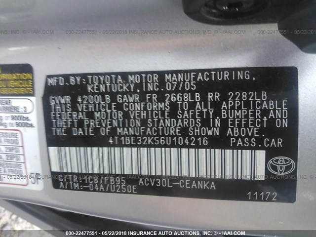 4T1BE32K56U104216 - 2006 TOYOTA CAMRY LE/XLE/SE ვერცხლისფერი ფოტო 9