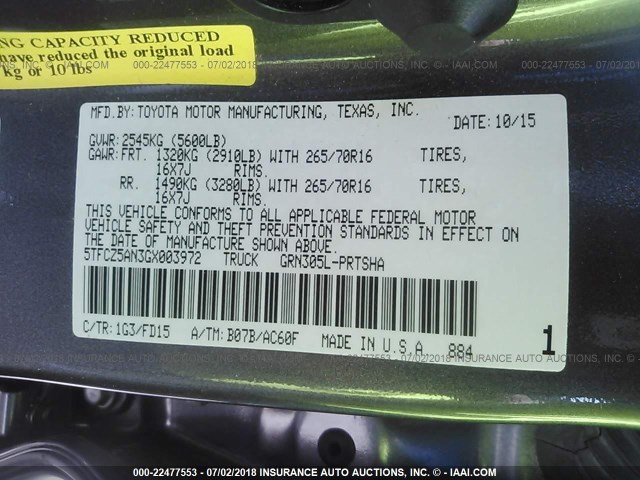 5TFCZ5AN3GX003972 - 2016 TOYOTA TACOMA DBL CAB/SR/SR5/TRD SPT/OR GRAY photo 9