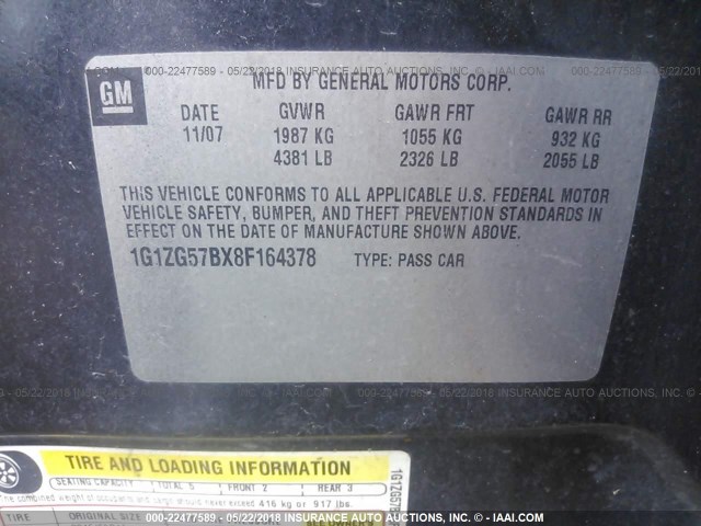 1G1ZG57BX8F164378 - 2008 CHEVROLET MALIBU LS 黑色 照片 9