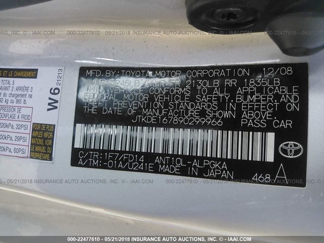 JTKDE167890299966 - 2009 TOYOTA SCION TC 银色 照片 9