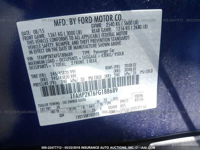 1FAHP2KT6FG188689 - 2015 FORD TAURUS SHO BLUE photo 9