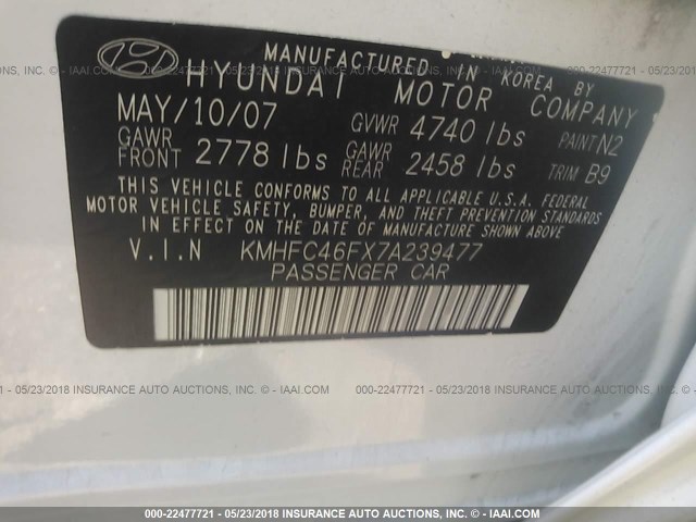 KMHFC46FX7A239477 - 2007 HYUNDAI AZERA SE/LIMITED WHITE photo 9