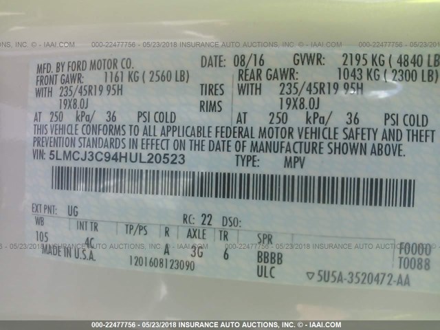 5LMCJ3C94HUL20523 - 2017 LINCOLN MKC RESERVE 白色 照片 9