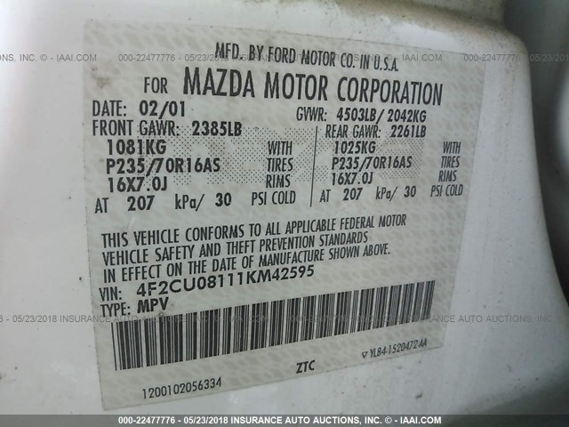 4F2CU08111KM42595 - 2001 MAZDA TRIBUTE LX/ES 白色 照片 9