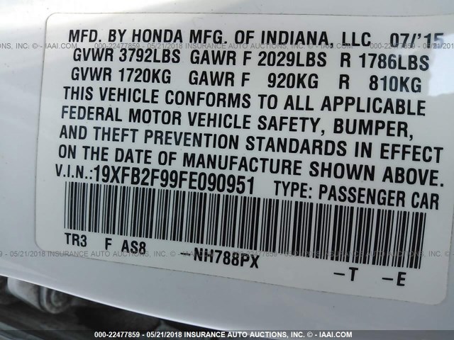 19XFB2F99FE090951 - 2015 HONDA CIVIC EXL WHITE photo 9