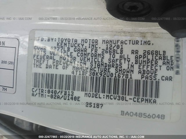 4T1BF30K92U016781 - 2002 TOYOTA CAMRY LE/XLE/SE 白色 照片 9