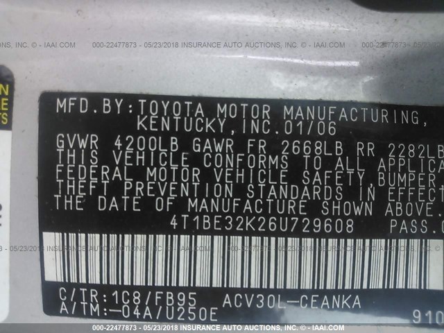 4T1BE32K26U729608 - 2006 TOYOTA CAMRY LE/XLE/SE 香槟色 照片 9