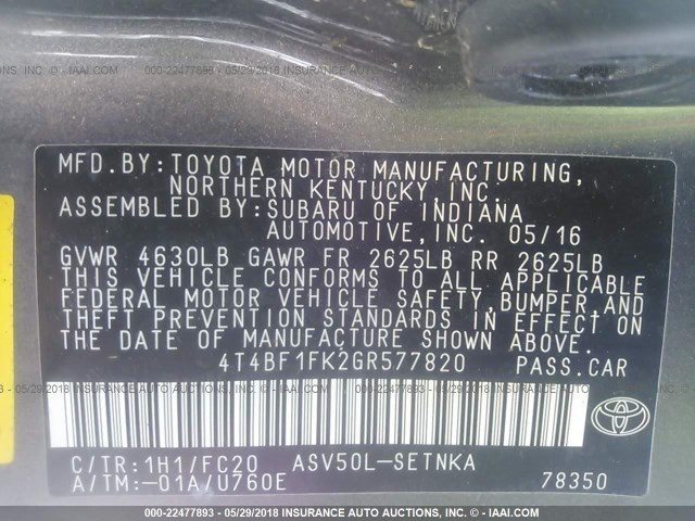 4T4BF1FK2GR577820 - 2016 TOYOTA CAMRY LE/XLE/SE/XSE GRAY photo 9