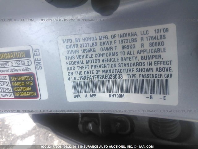 19XFA1F92AE023033 - 2010 HONDA CIVIC EXL SILVER photo 9