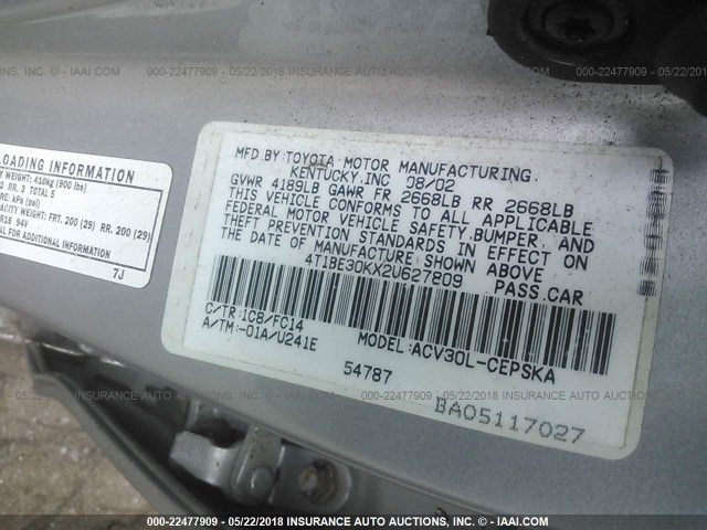 4T1BE30KX2U627809 - 2002 TOYOTA CAMRY LE/XLE/SE SILVER photo 9