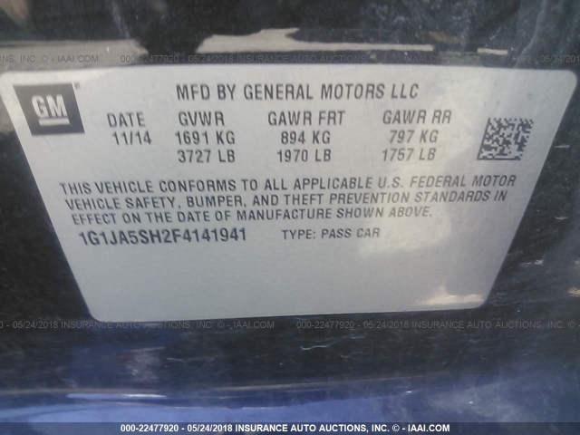 1G1JA5SH2F4141941 - 2015 CHEVROLET SONIC LS 黑色 照片 9