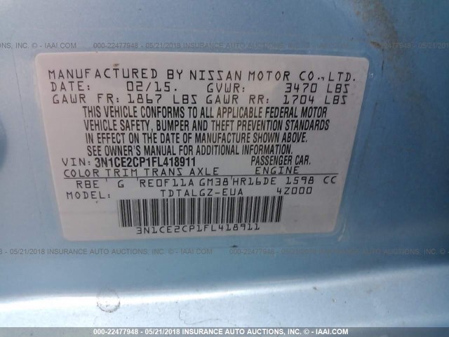 3N1CE2CP1FL418911 - 2015 NISSAN VERSA NOTE S/S PLUS/SV/SL/SR BLUE photo 9