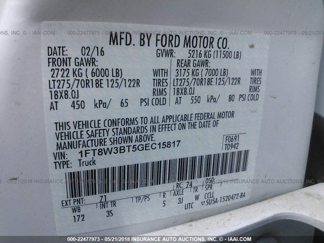 1FT8W3BT5GEC15817 - 2016 FORD F350 SUPER DUTY WHITE photo 9