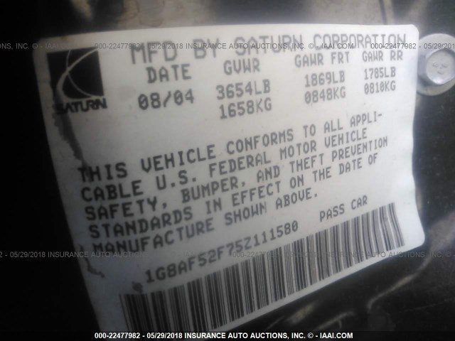 1G8AF52F75Z111580 - 2005 SATURN ION LEVEL 1 MAROON photo 9