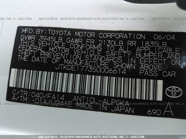 JTKDE177350006614 - 2005 TOYOTA SCION TC 白色 照片 9