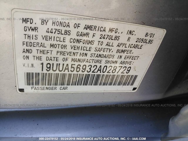 19UUA56932A028729 - 2002 ACURA 3.2TL TYPE-S SILVER photo 9