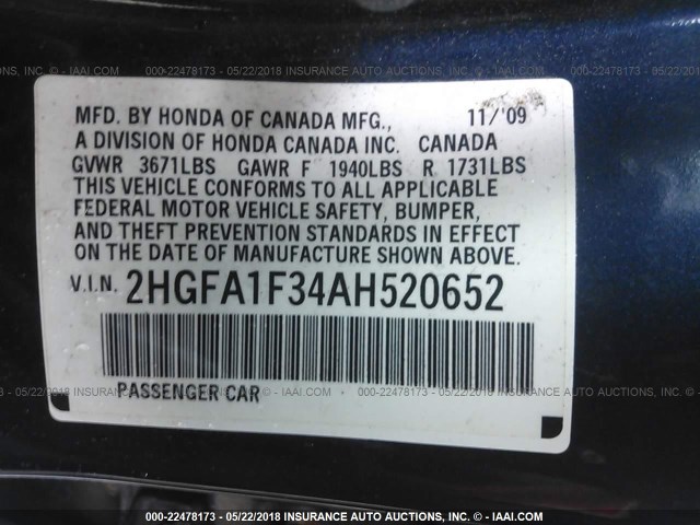 2HGFA1F34AH520652 - 2010 HONDA CIVIC VP BLUE photo 9