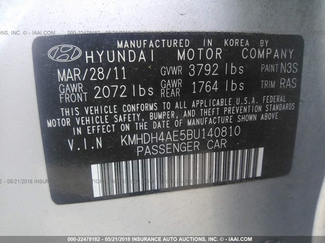 KMHDH4AE5BU140810 - 2011 HYUNDAI ELANTRA GLS/LIMITED SILVER photo 9