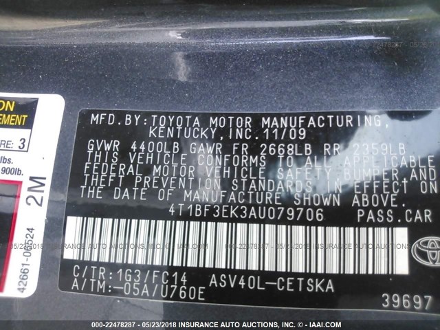 4T1BF3EK3AU079706 - 2010 TOYOTA CAMRY SE/LE/XLE GRAY photo 9
