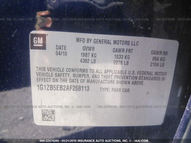 1G1ZB5EB2AF268113 - 2010 CHEVROLET MALIBU LS ლურჯი ფოტო 9