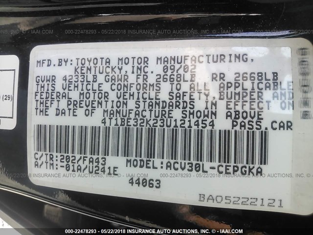 4T1BE32K23U121454 - 2003 TOYOTA CAMRY LE/XLE/SE BLACK photo 9