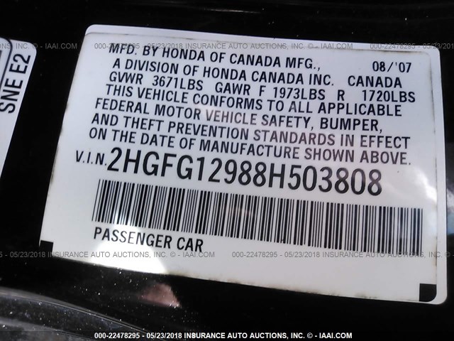 2HGFG12988H503808 - 2008 HONDA CIVIC EXL BLACK photo 9