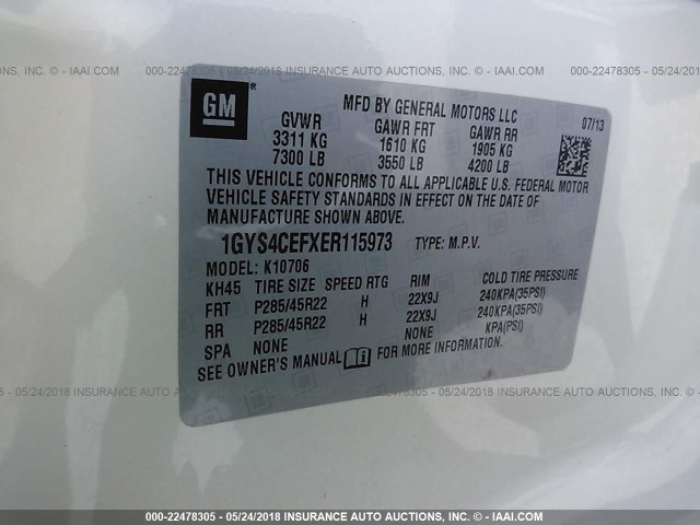 1GYS4CEFXER115973 - 2014 CADILLAC ESCALADE PREMIUM WHITE photo 9