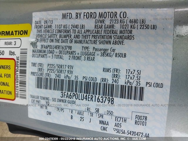 3FA6P0LU4ER163798 - 2014 FORD FUSION SE HYBRID TEAL photo 9