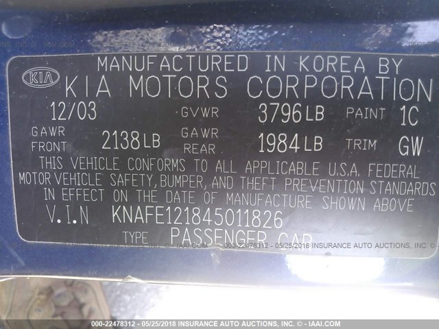 KNAFE121845011826 - 2004 KIA NEW SPECTRA LX/EX Navy photo 9