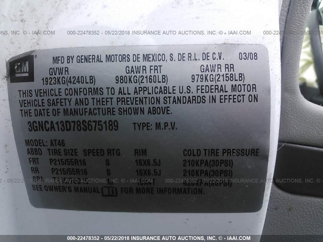 3GNCA13D78S675189 - 2008 CHEVROLET HHR LS WHITE photo 9