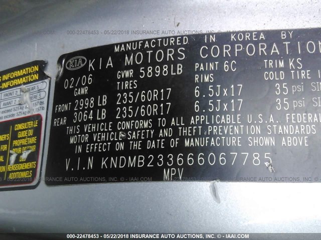 KNDMB233666067785 - 2006 KIA SEDONA EX/LX SILVER photo 9