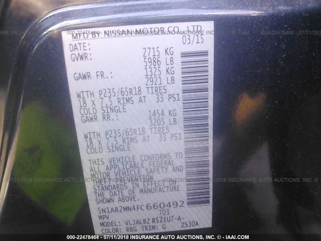 5N1AR2MN4FC660492 - 2015 NISSAN PATHFINDER S/SV/SL/PLATINUM BLUE photo 9