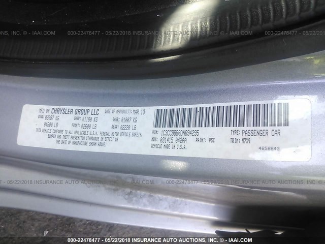 1C3CCBBB0DN694295 - 2013 CHRYSLER 200 TOURING GRAY photo 9