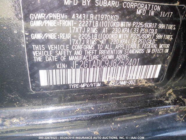 JF2GTADC9J8252401 - 2018 SUBARU CROSSTREK PREMIUM Negro foto 9