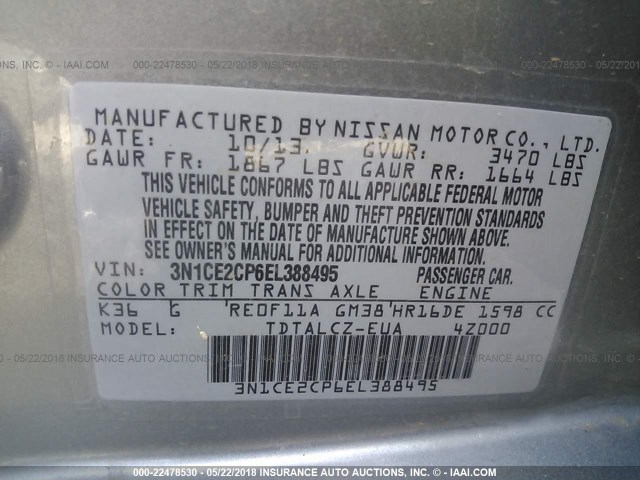 3N1CE2CP6EL388495 - 2014 NISSAN VERSA NOTE S/S PLUS/SV/SL GRAY photo 9