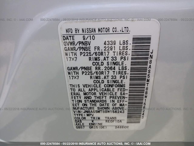 JN8AS5MT8BW156243 - 2011 NISSAN ROGUE S/SV/KROM WHITE photo 9